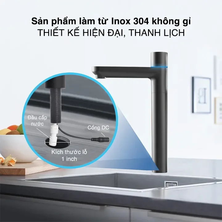 Smart Tap làm từ Inox 304 không gỉ, đầu cấp nước, cổng DC, kích thước lỗ lắp