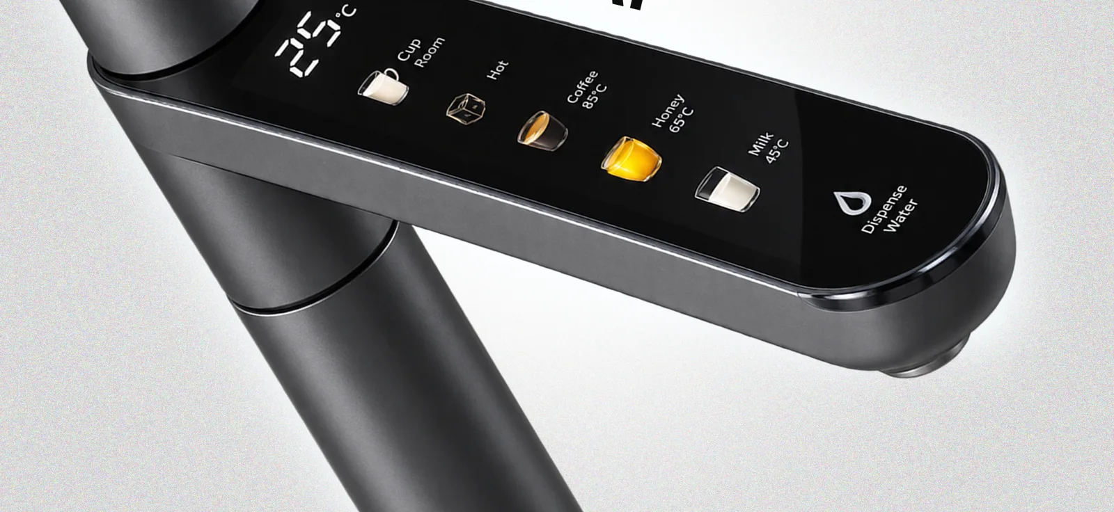 Cận cảnh màn hình cảm ứng của Smart Tap hiển thị nhiệt độ và các chế độ nước
