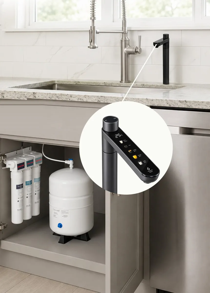 Smart Tap lắp trên bồn rửa, kết nối máy lọc nước R.O đặt dưới gầm tủ bếp